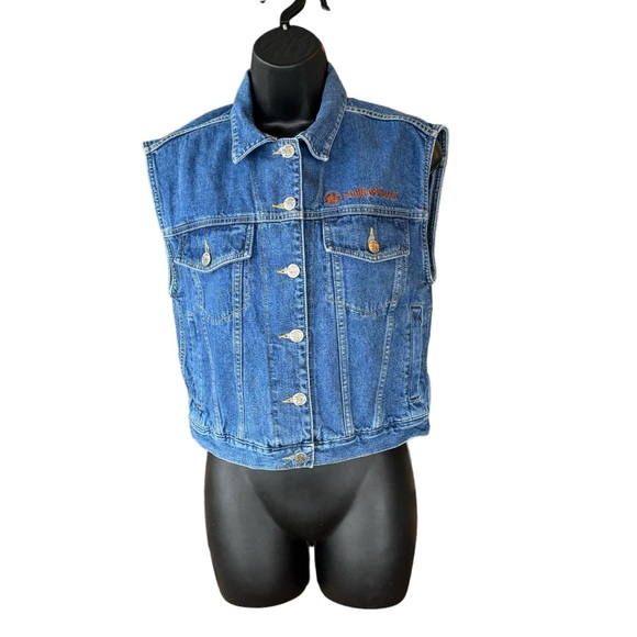 Smith & Wesson Vintage Women's Embroidered Wolf Denim Cropped Button Vest Size M - Picture 3 of 5